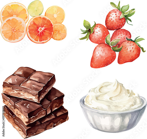 Vector Watercolor clipart, sweets, dessert. Chocolate bar, sour cream, strawberries, orange slices. Illustrations for creative cooking, invitation, greeting cards, birthday, event, holiday, menu; cook