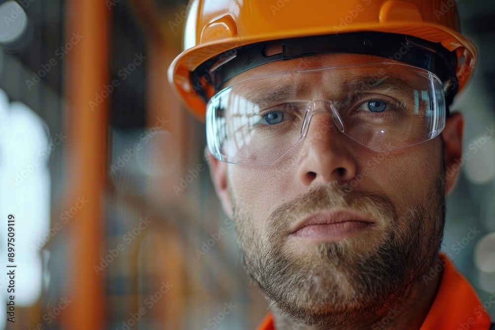 worker man with protective glasses and helmet. security at work worker man with protective glasses and helmet. security at work