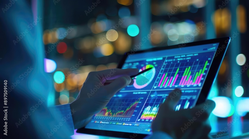 Close-up of a hand using a stylus on a tablet displaying financial charts and graphs. Close-up of a hand using a stylus on a tablet displaying financial charts and graphs.