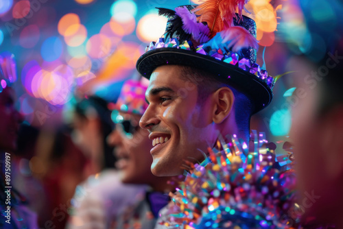 Smiling man in colorful, festive attire and hat celebrates with vibrant lights at a lively event or parade.