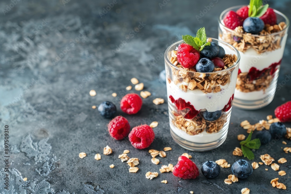 yogurt granola parfait with blueberry and raspberry, healthy breakfast with yogurt granola, copy space yogurt granola parfait with blueberry and raspberry, healthy breakfast with yogurt granola, copy space