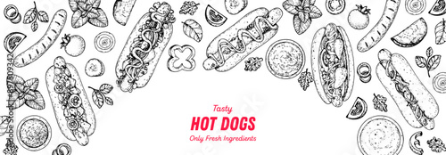 Hot dogs frame. Fast food vector illustration. Hot dog sketch. Hand drawn illustration. Hand drawing sketches
