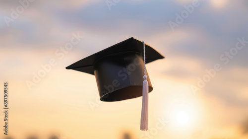 A graduation cap elegantly floats against a vibrant sunset, symbolizing achievement and the journey of education.