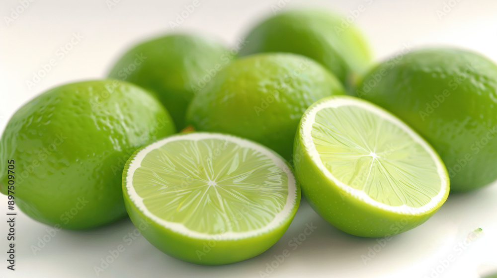 A pair of halved limes, with one whole and the other split in half, arranged in front A pair of halved limes, with one whole and the other split in half, arranged in front