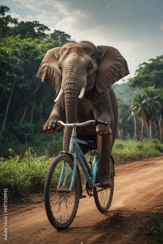 Elephant rides a bicycle in the jungle of Sri Lanka, Africa. Generative AI.