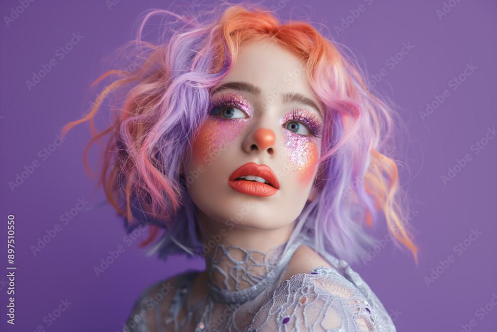 young woman makeup clown, featuring soft curls in pink and lavender tones, sparkling cheeks and eyes on a muted purple background young woman makeup clown, featuring soft curls in pink and lavender tones, sparkling cheeks and eyes on a muted purple background