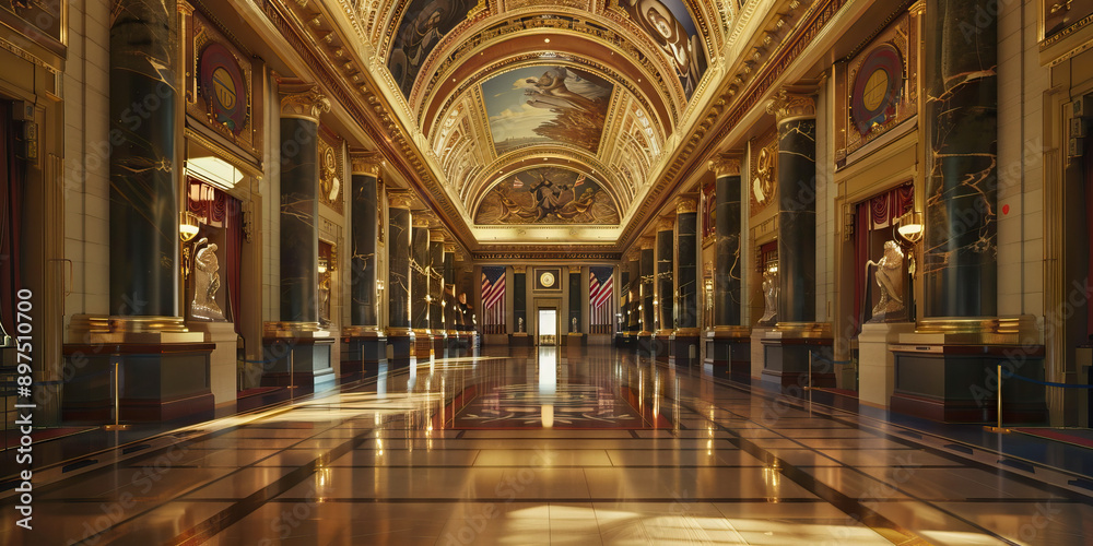 Obraz premium Hallowed Halls of Democracy: The interior of a government building, adorned with flags, paintings, and sculptures that reflect the nation's history and values