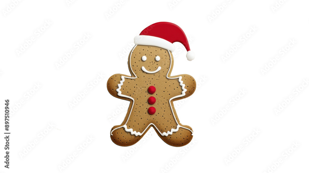 Festive gingerbread cookie in a Santa hat with elegant gold and red holiday decorations on a light background.