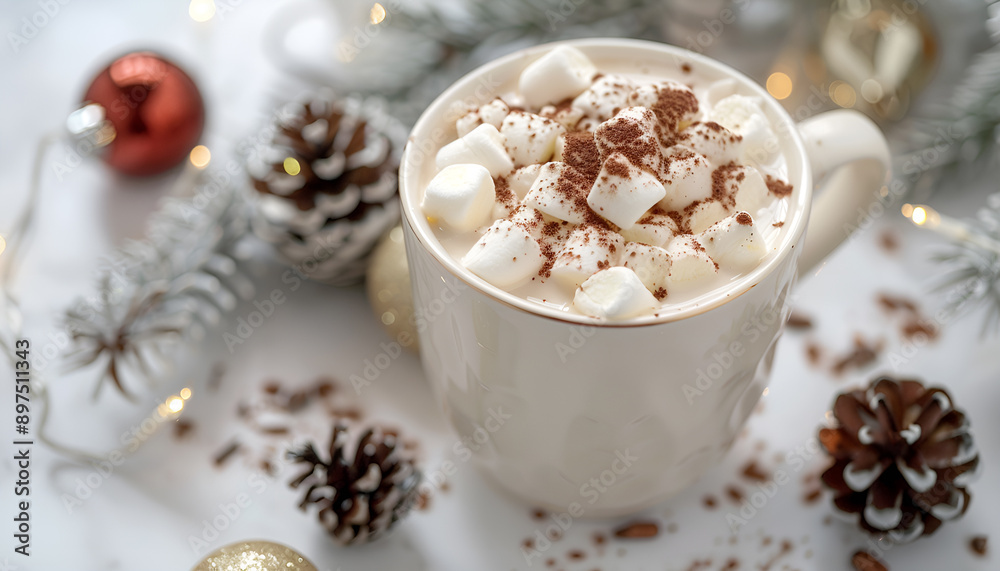 Hot white chocolate with marshmallows in a xmas decoration with snowflakes, pine cones and Christmas balls Hot white chocolate with marshmallows in a xmas decoration with snowflakes, pine cones and Christmas balls