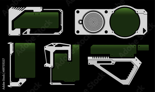 retro futuristic frame collection with display screen or glass element. sci fi devices concept
