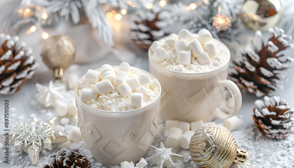 Hot white chocolate with marshmallows in a xmas decoration with snowflakes, pine cones and Christmas balls Hot white chocolate with marshmallows in a xmas decoration with snowflakes, pine cones and Christmas balls