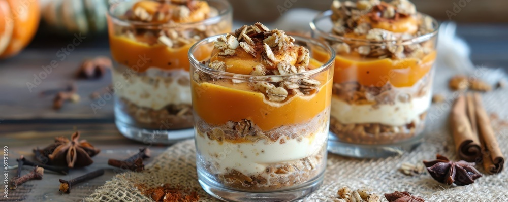 Layered overnight oats with pumpkin puree, granola, and spices, seasonal and healthy Layered overnight oats with pumpkin puree, granola, and spices, seasonal and healthy