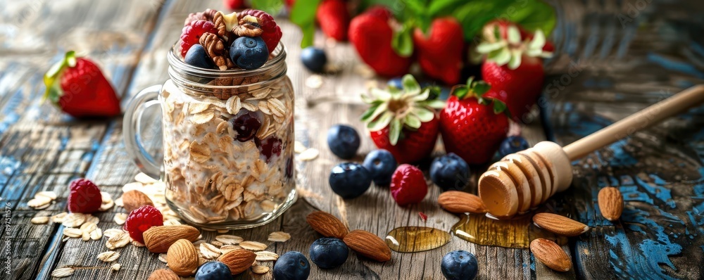 Overnight oats in a mason jar with fresh berries, nuts, and honey on a rustic wooden table, healthy breakfast concept Overnight oats in a mason jar with fresh berries, nuts, and honey on a rustic wooden table, healthy breakfast concept