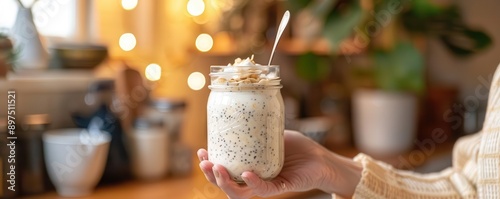 Hand holding a jar of overnight oats with a spoon, fresh ingredients and cozy kitchen background photo