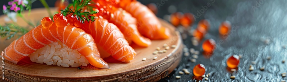 Salmon sushi with roe, wooden plate, dark background, garnished with flowers Salmon sushi with roe, wooden plate, dark background, garnished with flowers