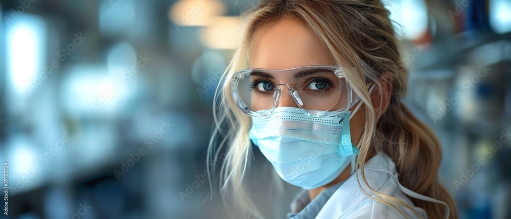 Scientist in lab coat and mask writes on clipboard in modern laboratory Scientist in lab coat and mask writes on clipboard in modern laboratory