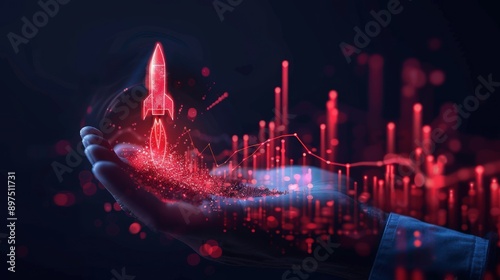 Glowing red graph and rocket in businessman's hand on dark navy background, symbolizing rapid business growth.