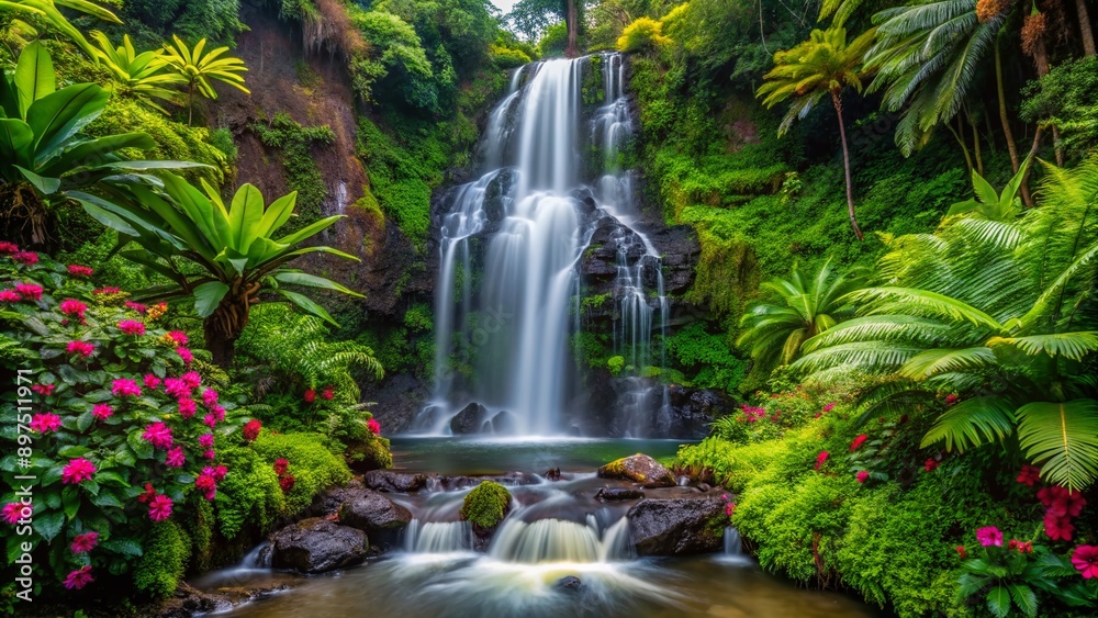 Serene tropical waterfall cascades down lush green volcanic rock in Hawaii's lush rainforest, surrounded by vibrant ferns and blooming flowers. Serene tropical waterfall cascades down lush green volcanic rock in Hawaii's lush rainforest, surrounded by vibrant ferns and blooming flowers.