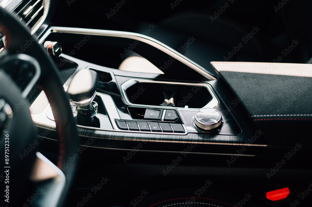 Automatic transmission gear with leather of luxury car. Black interior with chrome details Automatic transmission gear with leather of luxury car. Black interior with chrome details