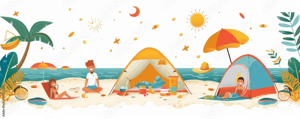 Naklejka premium Illustration of a happy family camping on the beach with tents, umbrellas, and bright sunshine