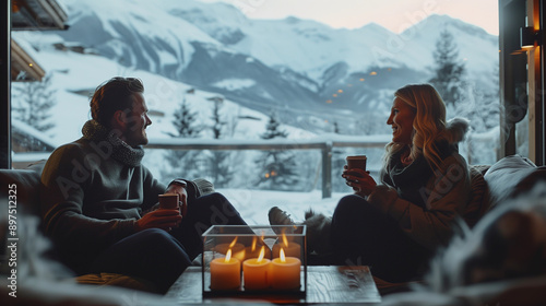 Couple in luxury winter attire at a private ski lodge, enjoying hot cocoa by the fireplace with a snowy mountain view, rich tones, an exclusive winter getaway.

