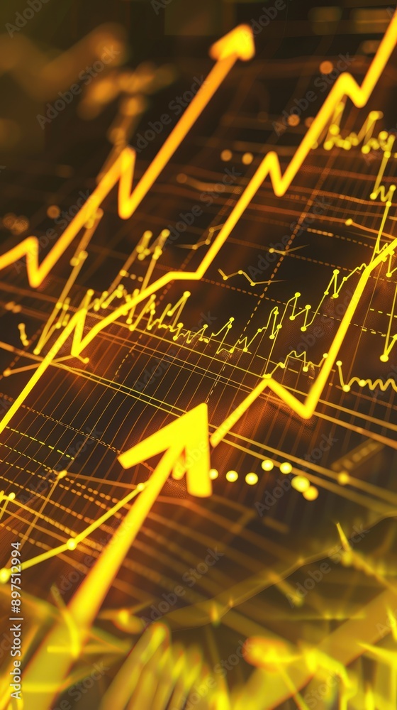 Graph arrows and points in bright yellow on a dark yellow gradient, indicating economic uplift.