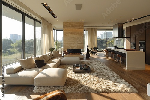 Openplan living room with minimalistic furniture neutral color scheme large windows contemporary style 3D render photo