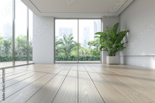 Minimalist white room with green plants and large windows, creating a serene and modern indoor space.