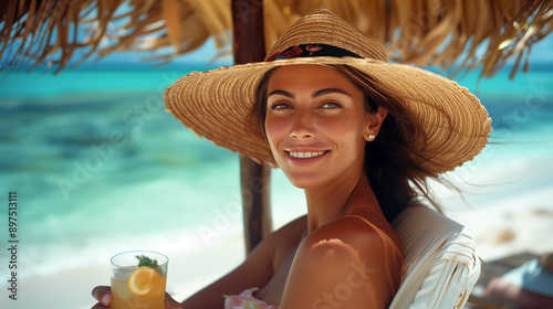 Woman in a wide-brimmed hat lounging on a beach chair, straw umbrella overhead, tropical drink, white sandy beach, soft sunlight.

