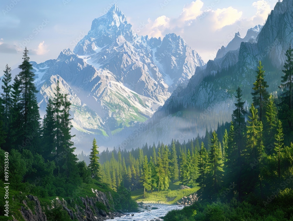 Obraz premium Natural landscape featuring majestic snow-capped mountains, lush green forests, and a tranquil river. Ideal for outdoor enthusiasts, nature lovers, or travel promotions.