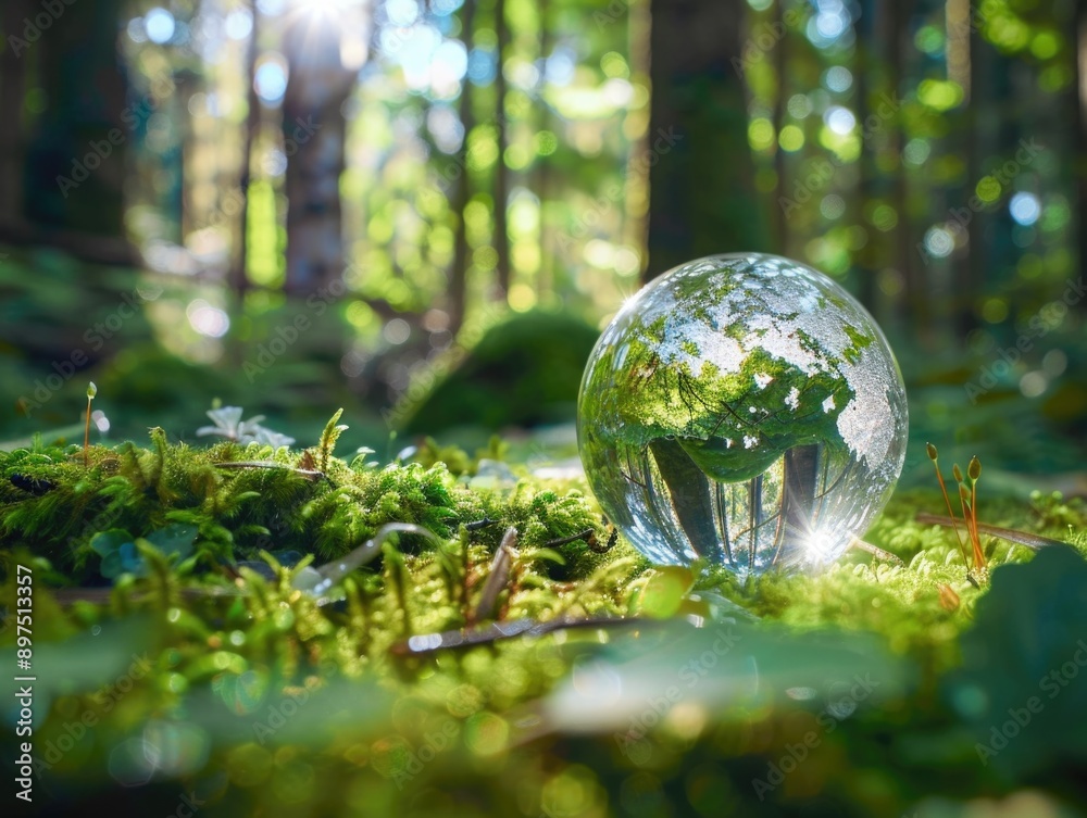Vibrant forest ecosystem showcasing the life and diversity within. A model of Earth floats on a bed of moss, symbolizing our planet's beauty and responsibility to protect it. Vibrant forest ecosystem showcasing the life and diversity within. A model of Earth floats on a bed of moss, symbolizing our planet's beauty and responsibility to protect it.