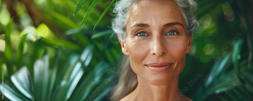 Portrait of a mature woman with serene expression against a vibrant green foliage background Portrait of a mature woman with serene expression against a vibrant green foliage background