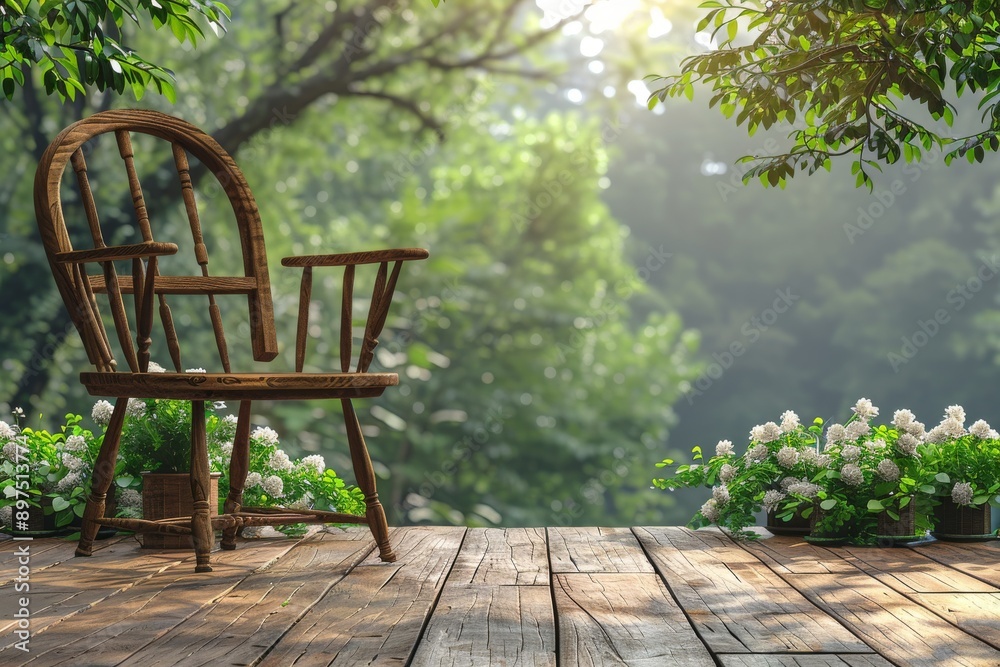 Minimalist patio with wooden chair and green plants, creating a serene and stylish outdoor space. Minimalist patio with wooden chair and green plants, creating a serene and stylish outdoor space.