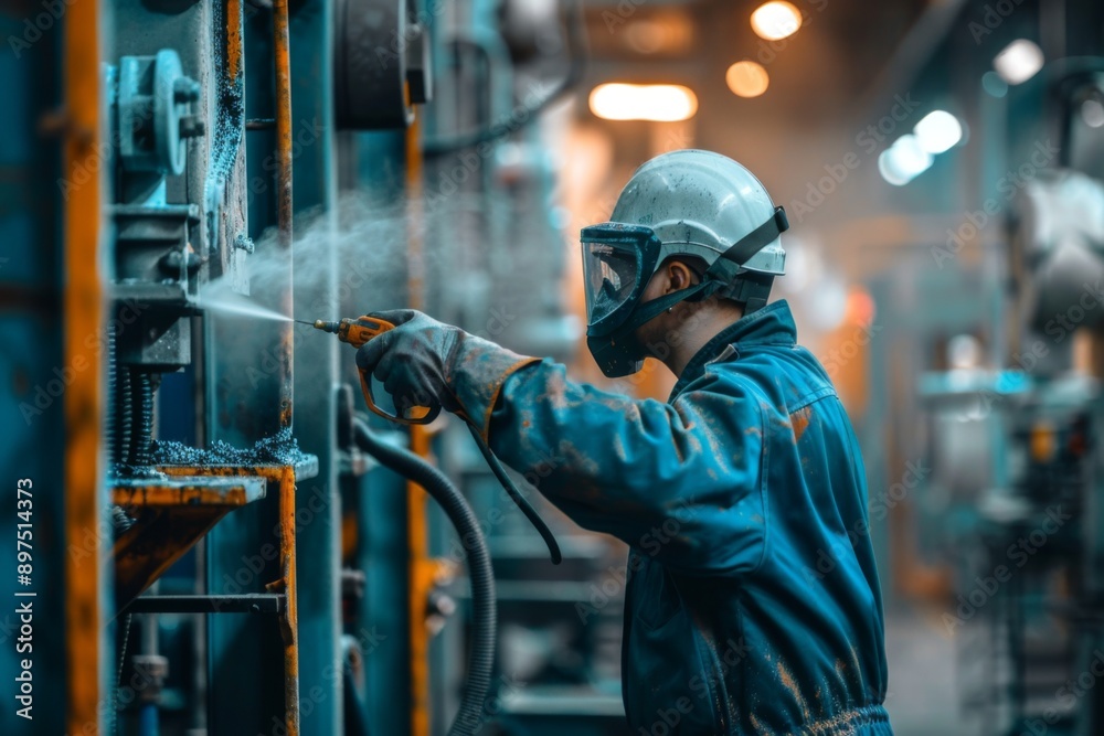 Factory worker applying paint with spray gun industrial manufacturing process Factory worker applying paint with spray gun industrial manufacturing process