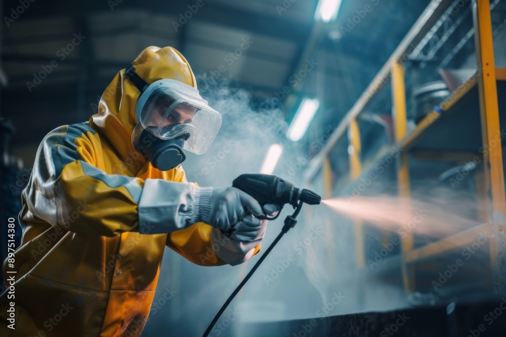 Factory worker applying paint with spray gun industrial manufacturing process Factory worker applying paint with spray gun industrial manufacturing process