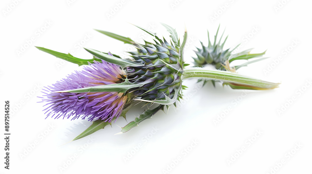 Fototapeta premium Purple milk thistle flower with spiky green leaves captured on a white background.