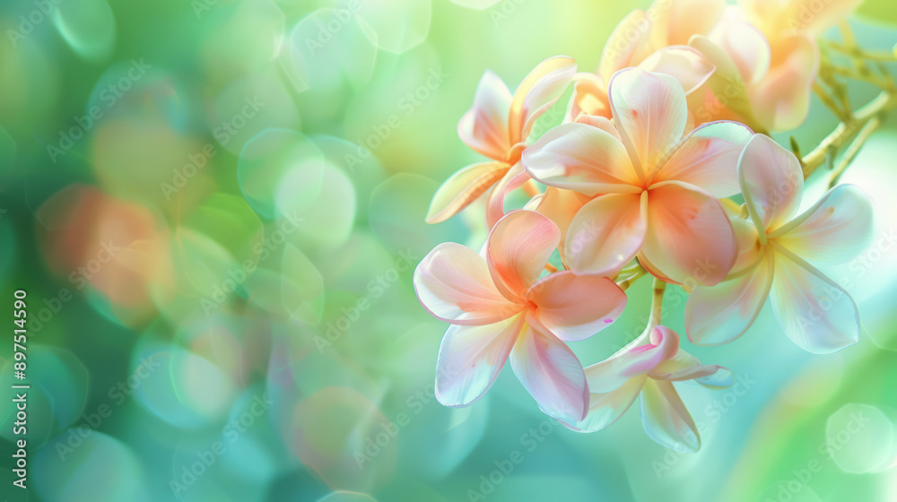 Soft Pastel Plumeria Flowers on a Blurred Green Background Soft Pastel Plumeria Flowers on a Blurred Green Background