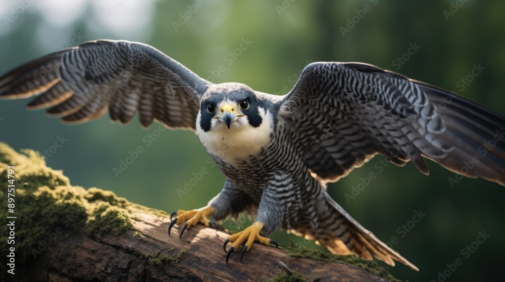 Fototapeta premium A bird with a black and white striped tail is perched on a branch. The bird has a menacing look on its face