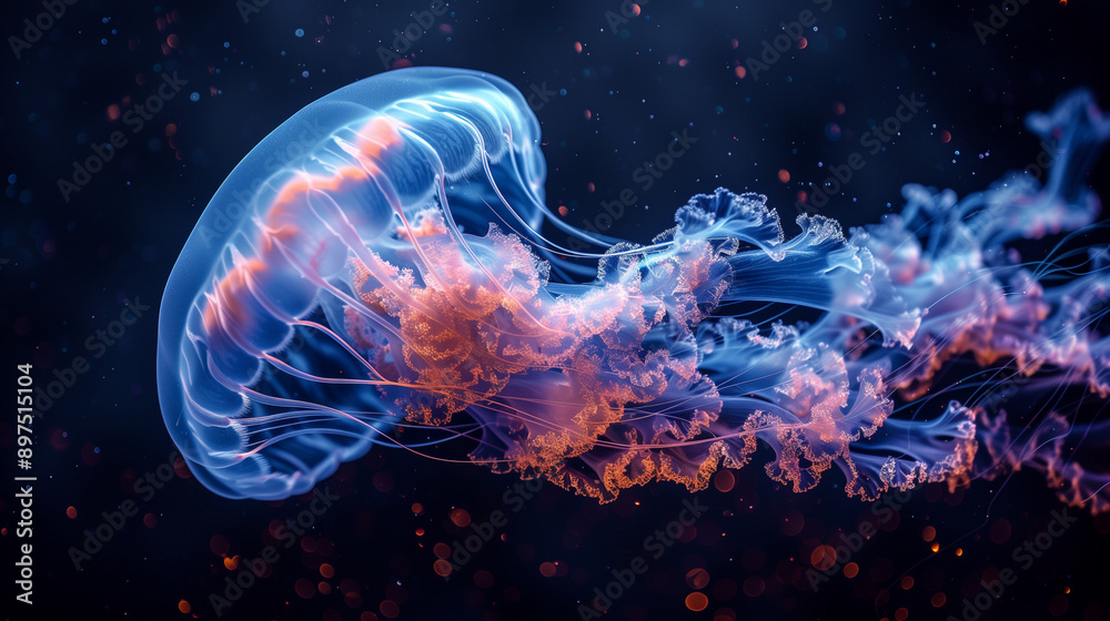 Fototapeta premium Elegant jellyfish glows as it swims in the blue ocean, with dark background and mesmerizing patterns.