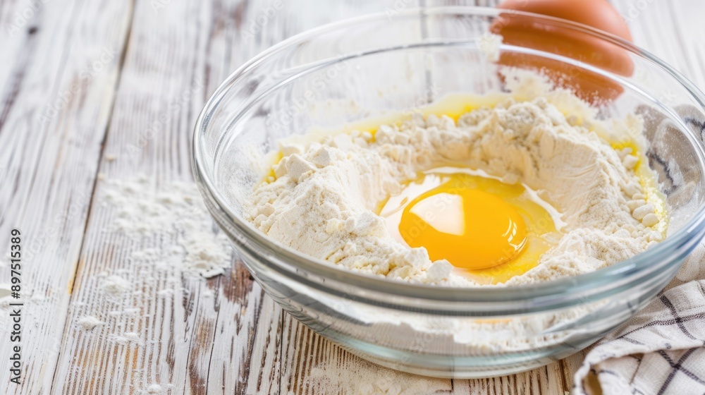 A close-up of dough and ingredients in a glass bowl on a wooden table, ready for baking. A close-up of dough and ingredients in a glass bowl on a wooden table, ready for baking.
