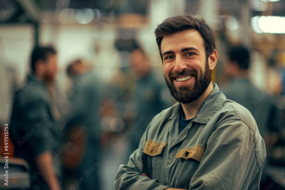 Portrait of a smiling male factory worker in a group of coworkers Portrait of a smiling male factory worker in a group of coworkers
