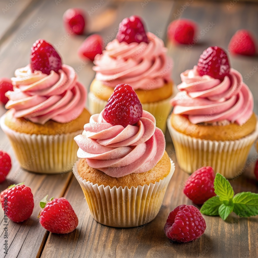 Delicious Raspberry Cupcakes on a Rustic Wooden Table. Generative AI Delicious Raspberry Cupcakes on a Rustic Wooden Table. Generative AI