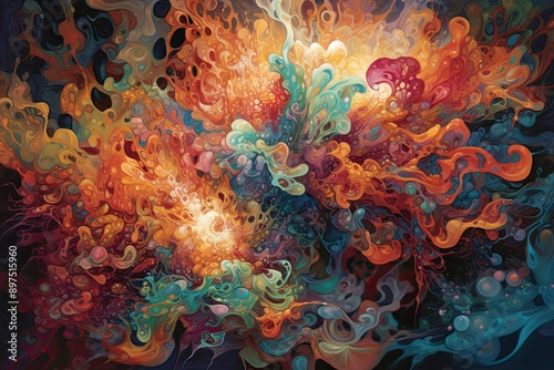 A vibrant abstract organic form that blends fluid, realistic, and fantastical elements