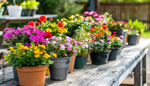 Wallpaper Mural Many different potted flowers on wooden tables outdoors Torontodigital.ca