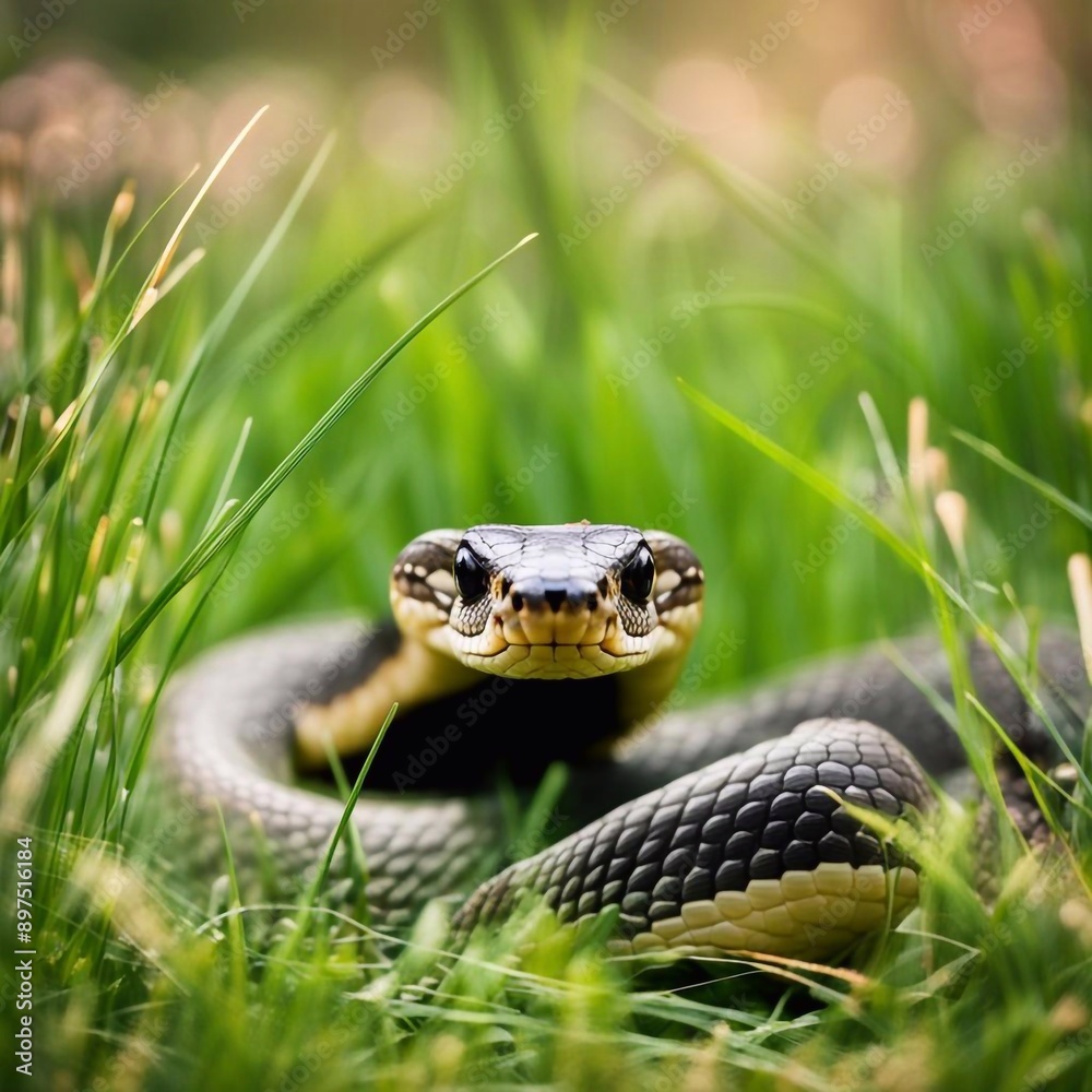 Fototapeta premium The snake in the green grass looks into the eyes