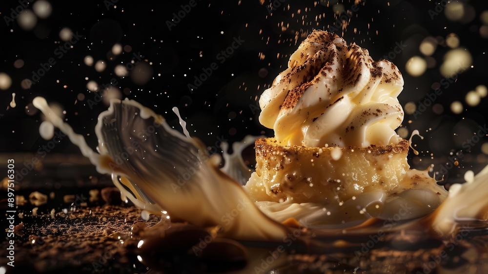 Highcontrast image of pudding and toast with dramatic lighting, emphasizing the desserts allure