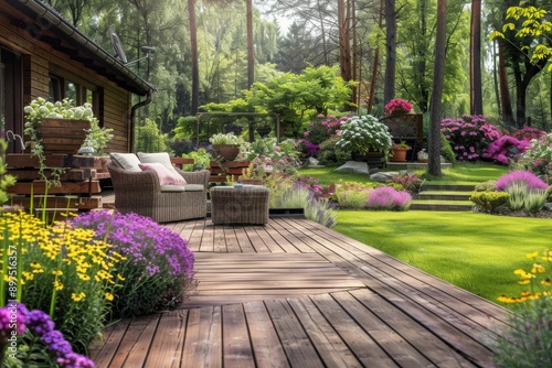 Rustic wooden deck with wicker furniture and vibrant flowers, creating a cozy and inviting garden space.