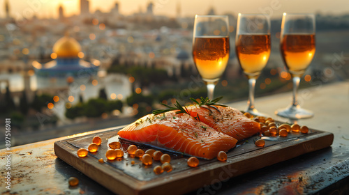 wooden board with two fresh salmon fillets and three glasses of champagne, set against the backdrop of Jerusalem's old city at sunset