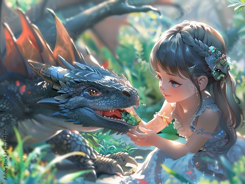 Whimsical fantasy scene of a young girl befriending a dragon in a magical forest, featuring vibrant colors and stunning details. photo