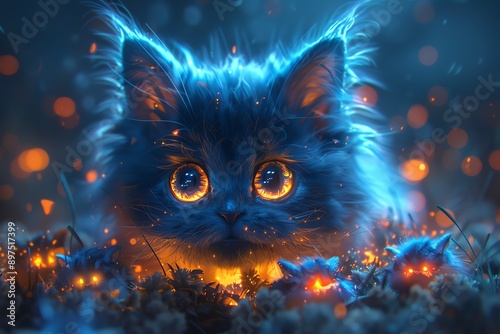 A mesmerizing fantasy image of a luminous blue kitten with glowing eyes, surrounded by ethereal light and bokeh effects in a magical setting.